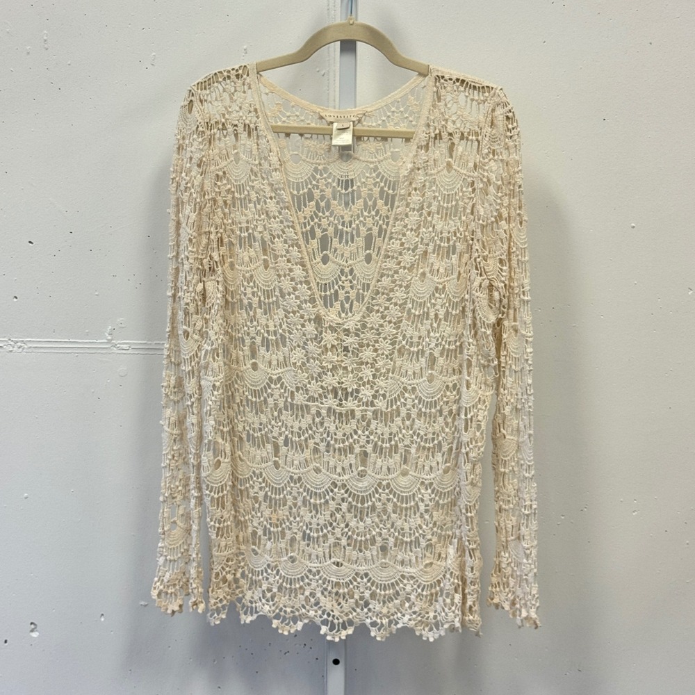 Lovestitch‎ Ivory Crochet Knit V-Neck Long Sleeve Top IMP-0774 Cream Large Boho